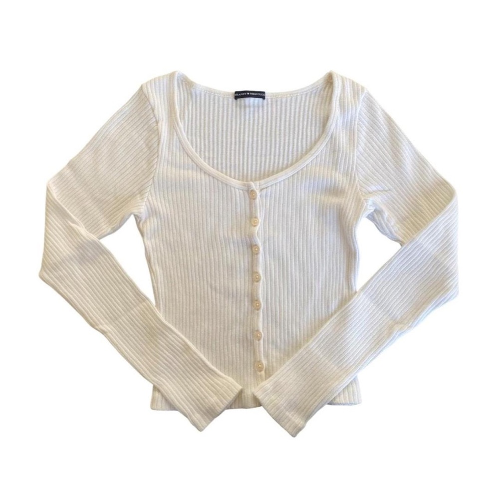 LAST CHANCE! Women's Brandy Melville White Ribbed Button-Up Long Sleeve Top